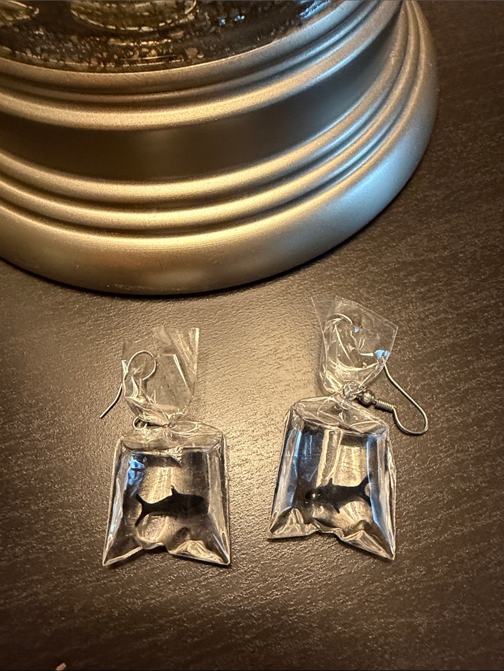 Clear Plastic Silver Shark-in-Bag Dangle Earrings - Unbranded